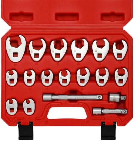 Mayouko 18 PCS 3/8-Inch Drive Crowfoot Wrench Set, Metric, 8mm to 24mm, with Adapter and Extensions, CR-MO