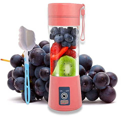 Portable Blender Pink - Smoothie Maker - Mini Personal Blender - Fruit Mixer - Milkshakes Ice Maker - Travel Handheld Blenders for Soft Fruit - USB Rechargeable 2000 mAh 380 ml 6 Blades