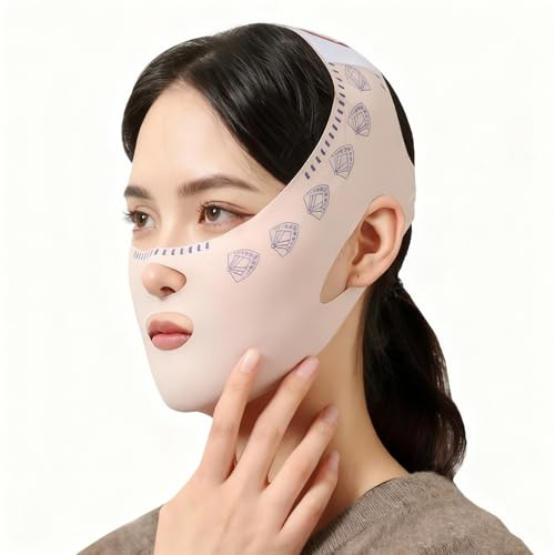 Cyberwork Maschera viso lifting V-Line riutilizzabile 360° respirante, fascia doppio mento rassodante e snellente per contorno viso donna uomo, face mask bellezza per dormire o viaggio rosa