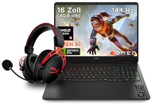 OMEN Gaming Laptop, 16 2K WUXGA Display, 144Hz, AMD Ryzen 9 8940HX, NVIDIA GeForce RTX 5060 (8 GB), 16GB RAM, 1TB SSD, Win 11, 4-Zonen-RGB QWERTZ, Black + HyperX Cloud Alpha Wireless Gaming-Headset