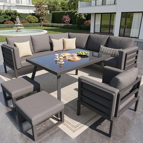 Dolamaní Gartenmöbel Set Eck Loungesofa mit 1 Tisch, 1 Sessel und Hocker, Metallkonstruktion, Lounge möbel Outdoor 7-8 Personen für Terrasse, Balkon, Garten, Ink.Aller Sitz- und Rückenkissen (Grau)