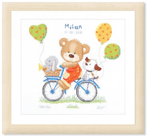 VERVACO Gezählter Kreuzstich Stickpackungen Stickset Baby Geburt Fahrrad mit Bärchen Wanddekoration Handarbeit Set für Erwachsene Kreatives Handwerk ca. 27 x 29 cm Geburt Geschenk Hausdeko