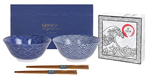 TOKYO design studio Nippon Blue Set de 2 Bols Bleu-Blanc, Ø 15 cm, env. 500 ML, Porcelaine Japonaise à Motifs géométriques, avec 2 Paires de Baguettes et boîte Cadeau.