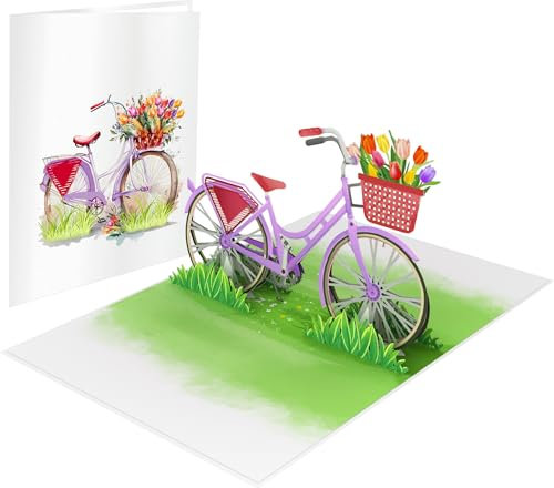 LIMAH® Pop Up 3D Blumen-Fahrrad-Karte, Glückwunschkarte, Geschenkkarte, Überraschungskarte mit einem Damenrad und roten Blumen gut Kombinierbar mit einem Gutschein zum Geburtstag (Tulpen)