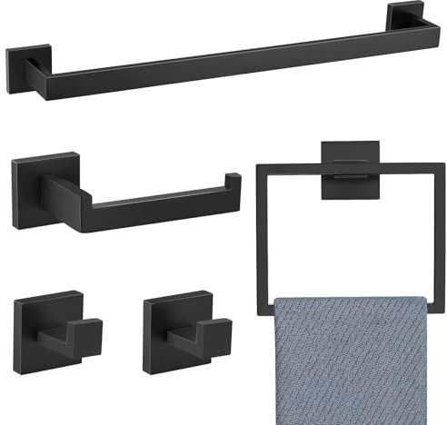 Set di 5 accessori da bagno con barra portasciugamani da 60 cm, in acciaio inossidabile SUS304, con montaggio a parete, colore nero