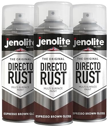 JENOLITE Directorust Gloss Spray Paint | ESPRESSO BROWN | 3 x 400ml | Direct To Rust Spray Paint For Metal | Multi Surface Gloss Spray Paint For Wood, Metal, Plastic, Ceramic | RAL 8017