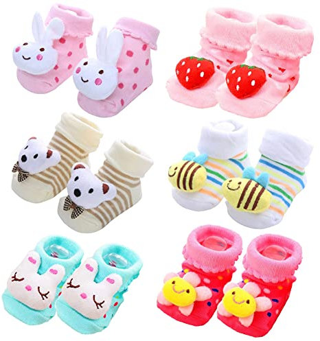 FedMois 6 Paia Calzini Antiscivolo in Cotone Bimbi Neonati 3D Animali, Bimba, 0-9 mesi
