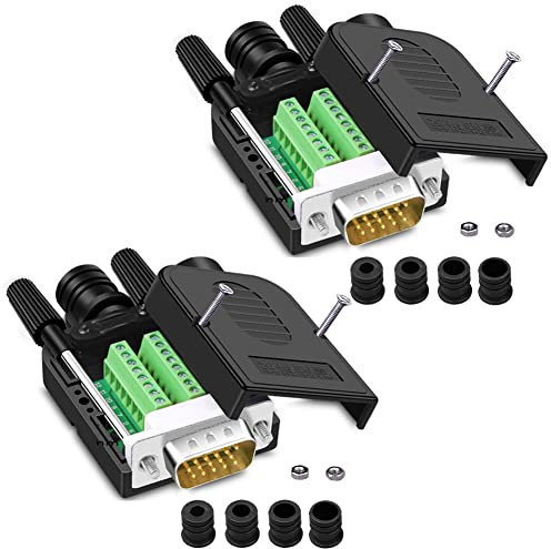 ANMBEST 2 conectores rápidos VGA macho sin soldadura de 16 mm más delgado 3+9 DB15 enchufe serie de 3 filas a terminal de puerto de 15 pines, adaptador macho compatible con VGA 3+7/3+6/3+6/3+4/3+2