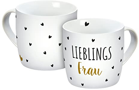 Tasse Lieblingsfrau weiß Herzen 300ml, 14227, Porzellantasse, Porzellan, Weiß/Schwarz