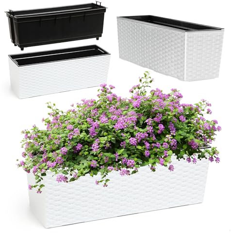 KADAX Jardinière en Plastique, 18,5x56 cm, bac à Fleurs avec Insert, jardinière de Balcon résistante aux intempéries, Pot de Fleurs rectangulaire (Motif rotin, Blanc)