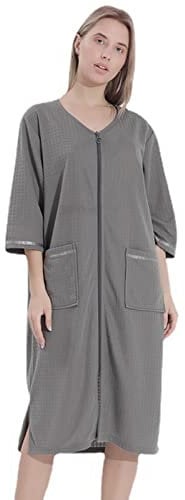 Ladies Zip Up Dressing Gown Womens Zipper Robe 3/4 Sleeve Nightdress Waffle Nightwear Unisex Loungewear Spa Bathrobe S-3XL Grey