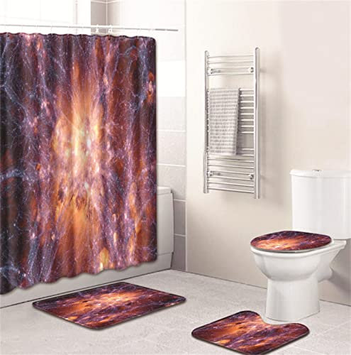 Duschvorhang Orange Flieder Badezimmerteppich 4-Teiliges Set, Duschvorhang 180x180 Polyester+Badematte rutschfeste(50x80)+U-Typ Teppich Wasseraufnahme Schmutzfangmatte+Toile Fußmatte