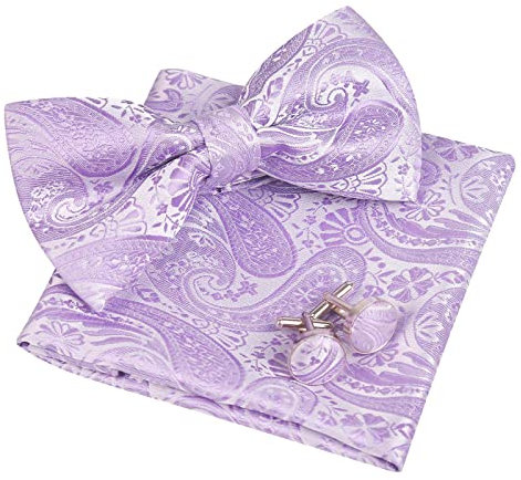 Alizeal Herren Classic Paisley Fliege, Hanky und Manschettenknöpfe Set, Lila