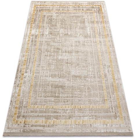 rugsx Moderner Teppich Duke 51523 beige/Gold für das Wohnzimmer, Schlafzimmer, Jugendzimmer, Rahmen, strukturiert, sehr weich, Fransen 140x190 cm