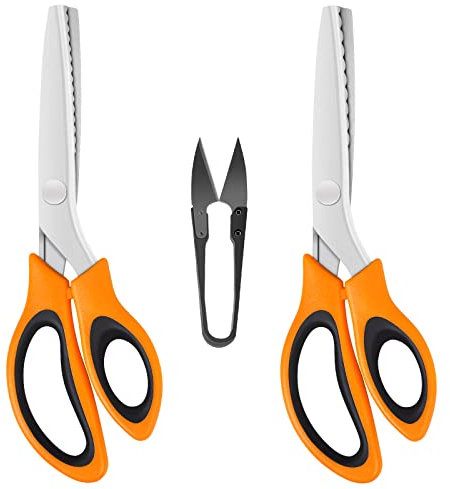 KUONIIY Zackenschere (2 Stück, gezackte & gewellte Kanten) mit einer Fadenschere, Zickzackschere mit komfortablem Griff, zum Schneiden von Stoff, Orangeschwarz