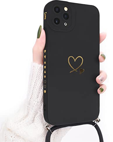 Newseego Lanyard Case Compatible for iPhone 11 Pro Max, Cute Gold Love Heart Pattern Women Girls Liquid Silicone Protective iPhone 11 Pro Max Case with Heart Side Frame Adjustable Neck Strap-Black