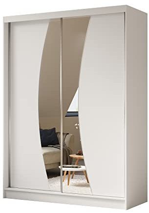 ALTDECOR Kleiderschrank mit Spiegel und Schiebetüren, kugelgelagerte Führungsschienen und Aluminium-Leisten, LED-Beleuchtung (weiß + 16 Farben) und Fernbedienung - VOXI - 160 cm Weiß