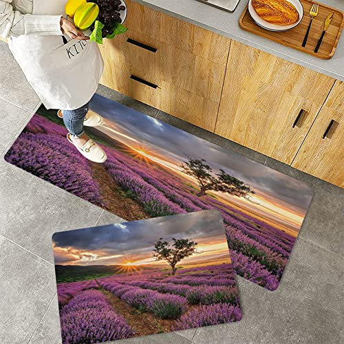 Küchenteppich Teppich Läufer Küchenläufer 2 Stück rutschfest,Lavendel, idyllische Landschaft mit aufgehender Sonne und endlosen Reihen Lavendelfeld in , Waschbar für Flur Küche 40 x 100 cm+40 x 60 cm