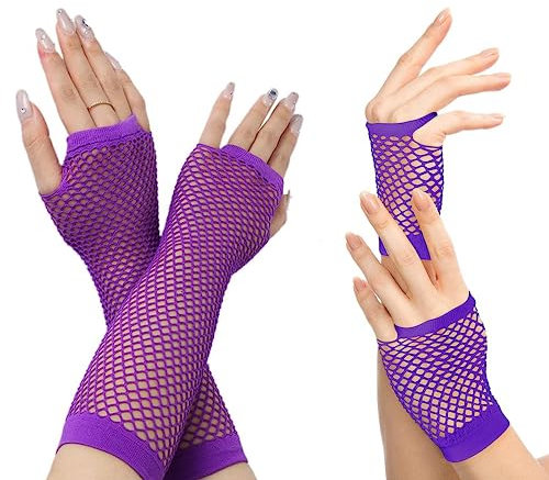 Carnavalife 4pcs Guantes de Rejilla sin Dedos Largos y Cortos Guantes Malla para Niña Mujer Disfraz 80s Ochentero Años 80 Rockero Vintage Retro Neon Discoteca Halloween Carnaval (MORADO)