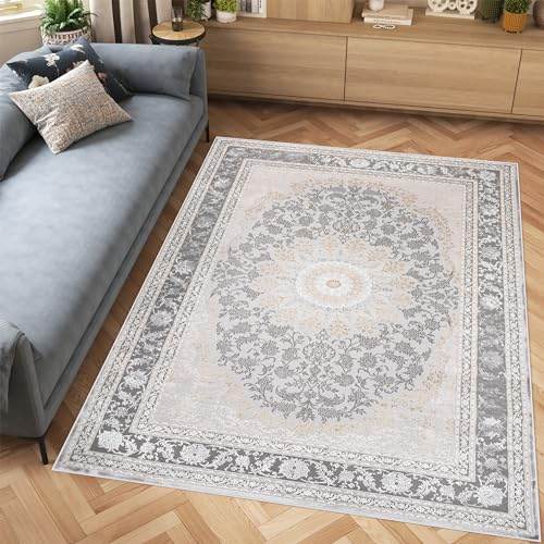 TAPISO Hera Teppich Kurzflor Glänzend Grau Creme Beige Traditioneller Teppich Rahmen Blumen Ornament Bordüre 3D Effekt Wohnzimmer Schlafzimmer Modern Design ÖKO-TEX 120 x 170 cm