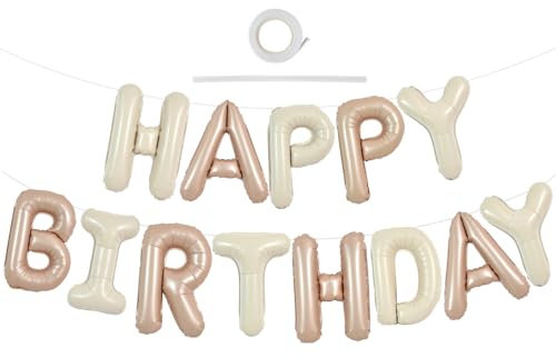 TONIFUL Light Brown Cream Happy Birthday Balloons Banner 16 Inch Mylar Foil Letters Birthday Sign Bunting Reusable for Girls, Boys, Kids & Adults Decorations