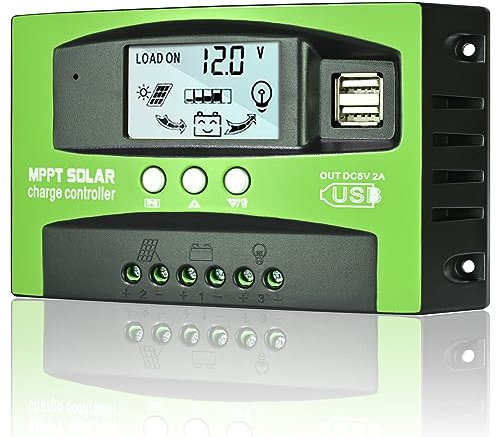 Depvko 30A MPPT Controlador de carga solar 12V/24V con seguimiento automático, regulador de panel solar pantalla LCD doble puerto USB y temporizador para muchos plomo ácido y litio baterías (verde)