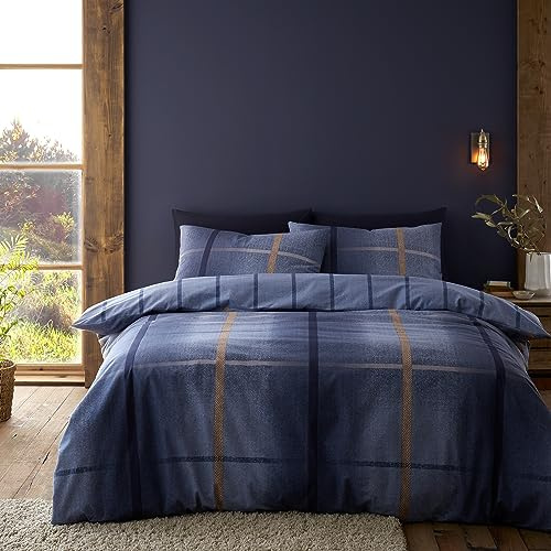 Catherine Lansfield Gebürstete Baumwolle Melrose Tweed Karo Wende-Bettwäsche-Set mit Kissenbezügen Blau