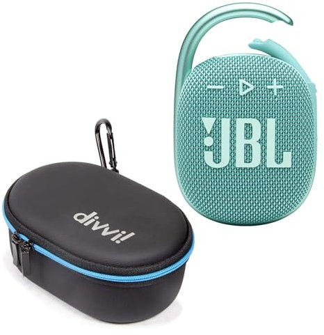JBL Clip 4 Tragbarer Bluetooth-Lautsprecher (Blaugrün) + divvi! Schützende Hartschalentasche