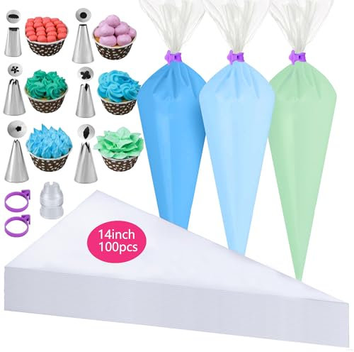 GZMAISULEE 109 Stück Spritzbeutel mit Tüllen Set, 35x21cm Einweg Spritzbeutel 100 Stück, 6 Rohrleitungsdüsen, 2 Spritzbeutelbändern, 1 Koppler