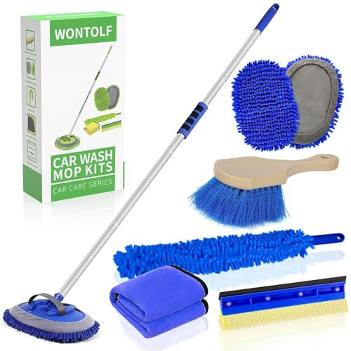 Wontolf Kit de brosse de lavage de voiture de 157,5 cm avec gant en microfibre chenille à long manche, raclette pour pare-brise, serviettes en microfibre et plumeau, brosse à pneu pour voitures,