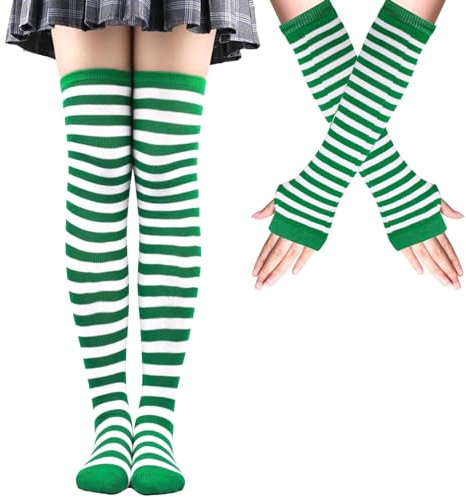 Mayoii Oberschenkelhohe Socken, fingerlose Handschuhe, Set, lange Socken für Damen und Mädchen, Arm- und Beinwärmer, Grün und Weiß gestreift, M-L