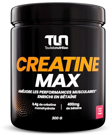 CREATINE MAX | Créatine Monohydrate Pure en Poudre | Enrichie en Bétaïne et Maltodextrine | Booster de Performances Musculaires | Sans Additifs | Pre Workout | Saveur Fruits Rouges | 300g | TLN