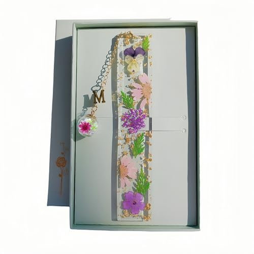 Famweylami Personalisiertes Lesezeichen Gepresste Blumen, Lesezubehör für Bücher, Book Marks for Reading, Lesezeichen Buchstaben, Geschenk für Lehrer, Bücherwurm, Mädchen, Mutter, Großmutter-M