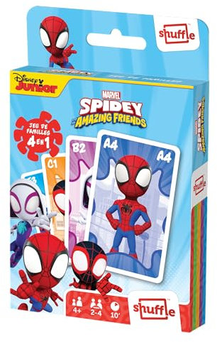 Shuffle Spidey und Seine außergewöhnlichen Freunde – 4 Spiele in 1-7 Familien, Paaren, Action und Schlachten – Kartenspiel für Kinder & Familie – ab 4 Jahren