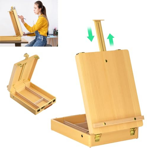 Wooden Table Box Easel with Drawer, Table Easel Desk Top Easel, Adjustable Beechwood Storage Sketch Box Easels, Portable Folding Artist Easel Wood Tabletop Easel for Artists, Painting and Drawing