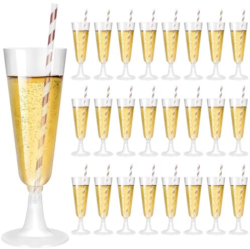 PEAKTOP 25 bicchieri da spumante in plastica, 160 ml/5,6 oz in plastica, riutilizzabili, con cannucce di carta, bicchieri da champagne in plastica per compleanni, matrimoni, celebrazioni