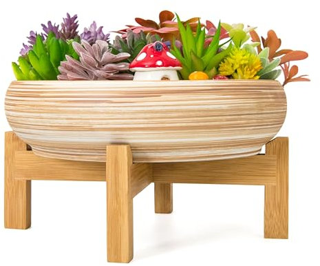 ARTKETTY Grand Pot de Bonsaï 25,5 cm - Avec Support de Drainage, Peu Profond pour Plantes Grasses d'Intérieur - Bol Décoratif pour Fleurs, Cactus et Succulentes
