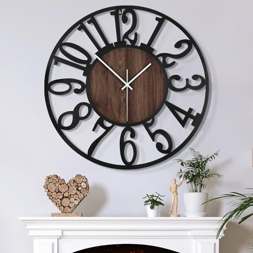 Mee 2ou Große Wanduhr Tickgeräusche, 34CM/14 Zoll Lautlos, Geräuschlose, Batteriebetrieben, Modern, Übergroße, Retro Vintage Übergröße Wanduhr für Wohnzimmer, Schlafzimmer Und Küche