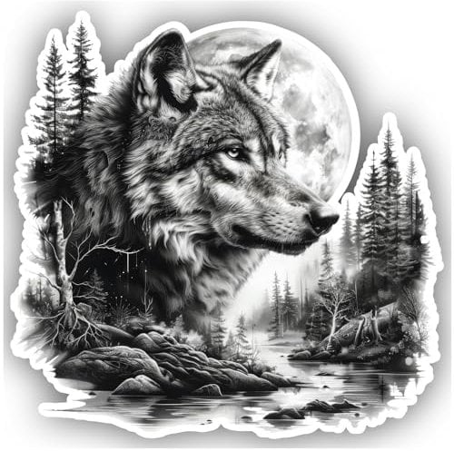 Samunshi® Wolf in Wald Szene Aufkleber Mond Berge Autoaufkleber für Motorrad Fahrrad Roller oder Auto Sticker Fahrrad Mtb Mountainbike Rennrad Aquarell Illustration Sticker 10x10cm