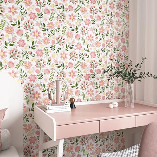 Yullpaper Selbstklebende Tapete Blumen Klebefolie Möbel Tapete Rosa/Grün für Schlafzimmer Klebefolie Blumen Schrankfolie Möbelfolie Selbstklebend Wand Tapeten Folie Küchenschränke 44,5cm X 300cm