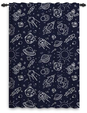 ggaimwf Galaxie-Vorhänge für Kinder Cartoon Planet Weltraum-Themen-Schlafzimmer-Accessoires Fenstertürvorhänge für Jungen Baby Kinderzimmer Spielzimmer Raumteiler Stangentaschen 107x160cm 1 Stück