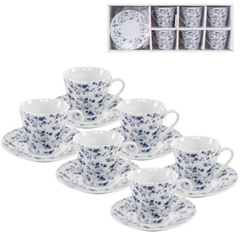ROCKING GIFTS Juego de Café 6 Tazas Pequeñas 90ML con Plato, Cerámica Blanca con Flores Azules Vintage, Apto Lavavajillas y Microondas, para Invitados Fiesta