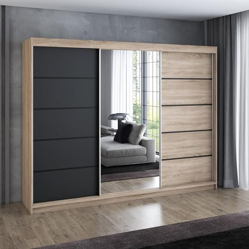 A&J MöbelLand Schwebetürenschrank VILANO 2, 3-türig Schrank 200 cm Kleiderschrank mit 4 Schubladen, und Spiegel (Weiß, Schwarz, Somona) (Sonoma/schwarz/Sonoma)