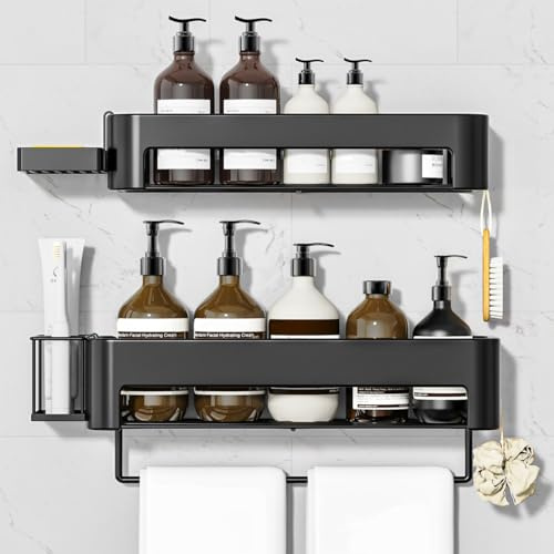 necvha Rustproof Shower Caddy, 4 Pack Shower Shelf No Drilling, 15.15in Large Capacity Shower Shelves Wall-Mounted Bathroom Organiser Storage (Black)