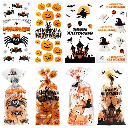 120 Stück Cellophantüten, Halloween Tüten, Süßigkeiten Tüte mit Twist Krawatten, Halloween Tüten für Süßigkeiten, Tütchen Zum Befüllen, Zellophantüten Klein für Plätzchen Kekse Pralinen