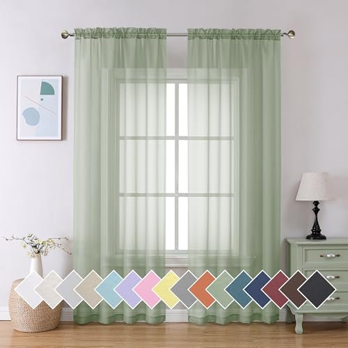 Aiyufeng Sage Green Sheer Curtains 90 Inch Length 2 PCS, Rod Pocket Voile Drapes for Bedroom Living Room, Semi Sheer Curtain Panels Window Treatments for Yard/Patio/Villa/Parlor, 42x 90, Sage Green