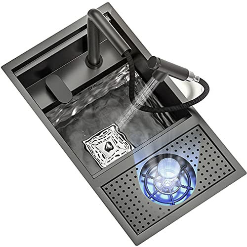 JXDWTL Fregadero de Barra, Fregadero de Cocina de sobre encimera de Color Negro Brillante, Fregadero de Acero Inoxidable 304 de un Solo tazón con Grifo extraíble y lavavasos