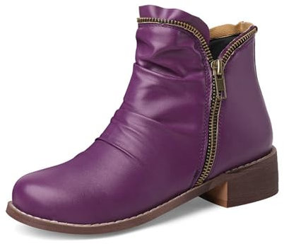 EFLALYHG Violet,43, Bottines brodées pour Femmes, Bottes de Cowboy occidentales rétro à Bout Pointu 2024, Bottines Chelsea en Cuir Vieilli à Talon épais avec Fermeture éclair latérale