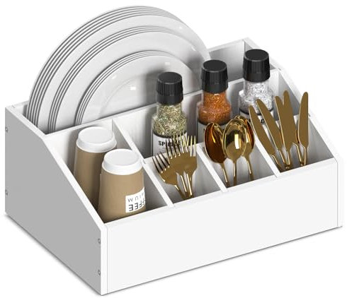 Lille Home 6-Compartment Bamboo Cutlery Caddy, Coffee Bar Accessories Organizer Countertop, Paper Plate Dispenser & Holder for Table, Kitchen Counter, Party, Condiments, Utensil