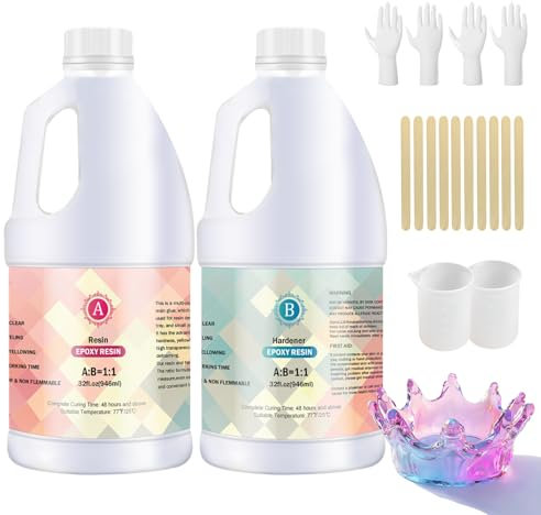 Epoxy Resin Kit - 64oz/1.9L Upgrade Formula Resin Kits for Beginners Crystal Clear Epoxy Resin Glue Moulds, High Gloss Transparente Uv Resin Keyring Jewelry River Table Tops DIY Art Kit
